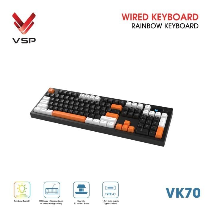 Bàn Phím Giả Cơ Có Dây VSP VK70 | Black-White-Orange (KM04-VK70000164)